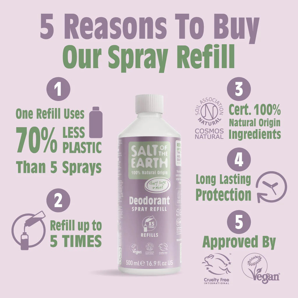 Salt Of The Earth Natural Deodorant Vegan Clary Sage & Mint Spray Refill - 500ML