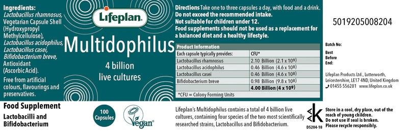 Lifeplan Multidophilus 4 Billion Live Cultures Supplement Vegan - 100 Capsules