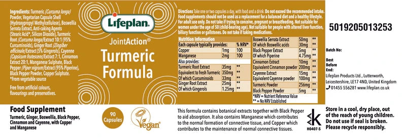 Lifeplan Joint Action Turmeric Formula with Copper & Manganese - 90 Tablets