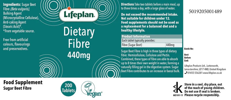 Lifeplan Dietary Fibre 440mg Supplement Vegan - 200 Tablets