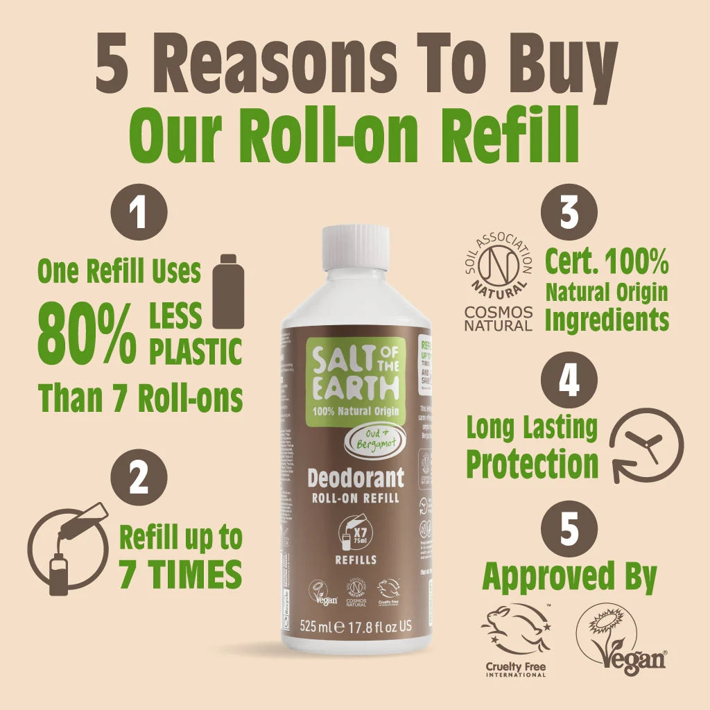 Salt Of The Earth Oud & Bergamot Natural Deodorant Roll On Refill Vegan - 525ML