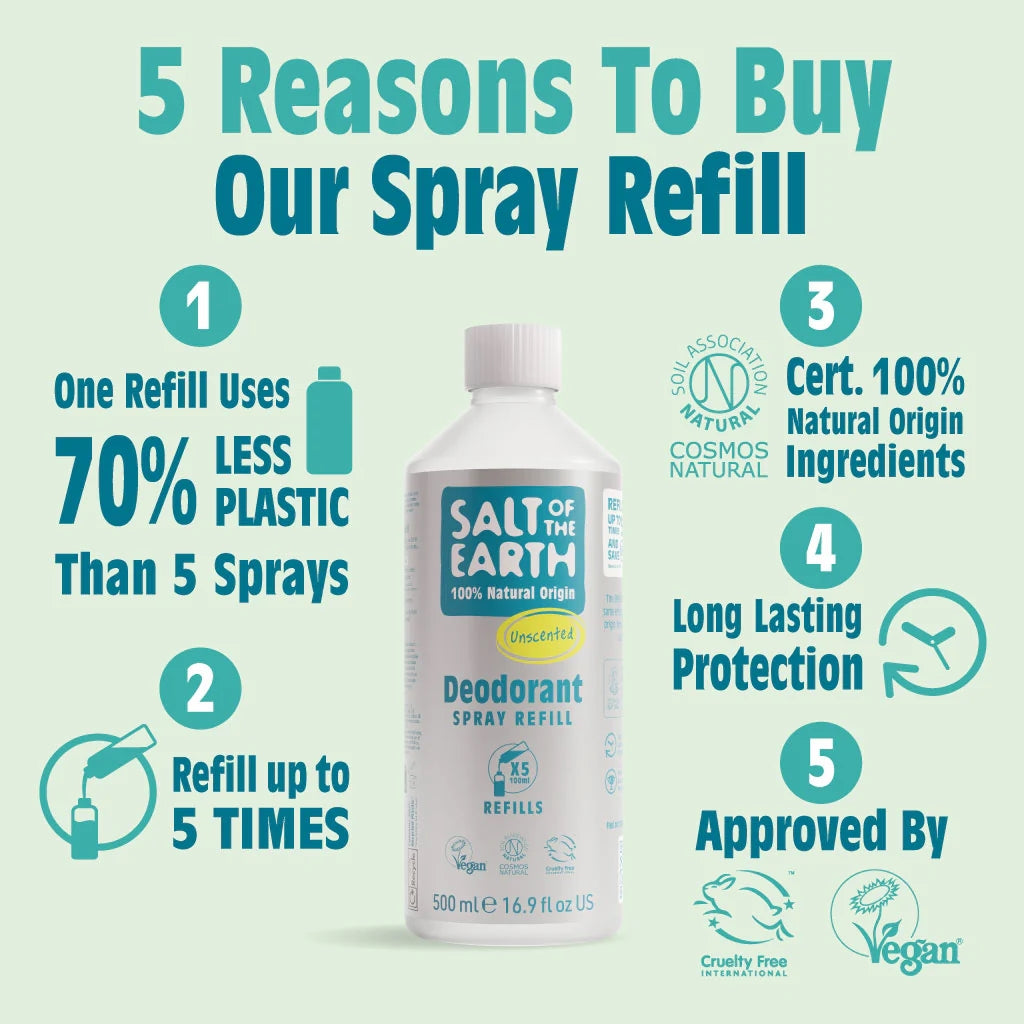 Salt of the Earth Natural Deodorant Unscented Spray Refill 5X Uses Vegan - 500ML