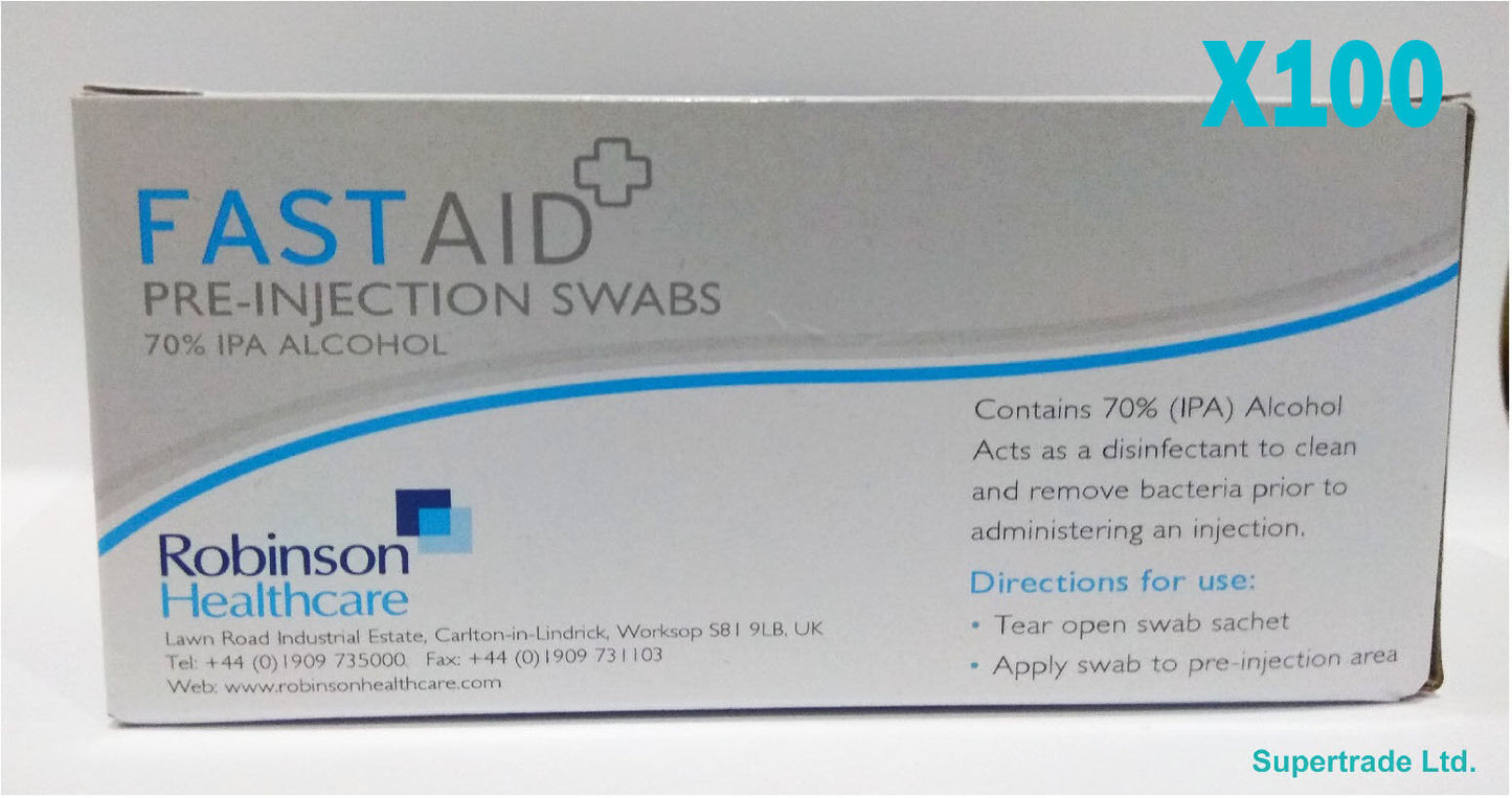 Fast Aid Pre-Injection Swabs 70% IPA Alcohol Wipes Piercing Tattoo Medical X 100
