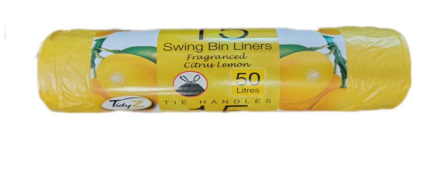 Tidyz 15 Swing Bin Liners Tie Handles Fragranced Citrus Lemon - 50L