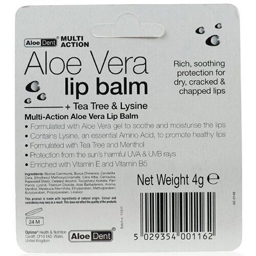 Optima AloeDent Aloe Vera Lip Balm Multi-Action With Tea Tree & Lysine - 4g