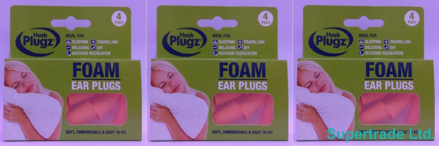 Hush Plugz Foam Ear Plugs Earplugs High Quality Soft Comfortable Fit 4 Pairs X 3