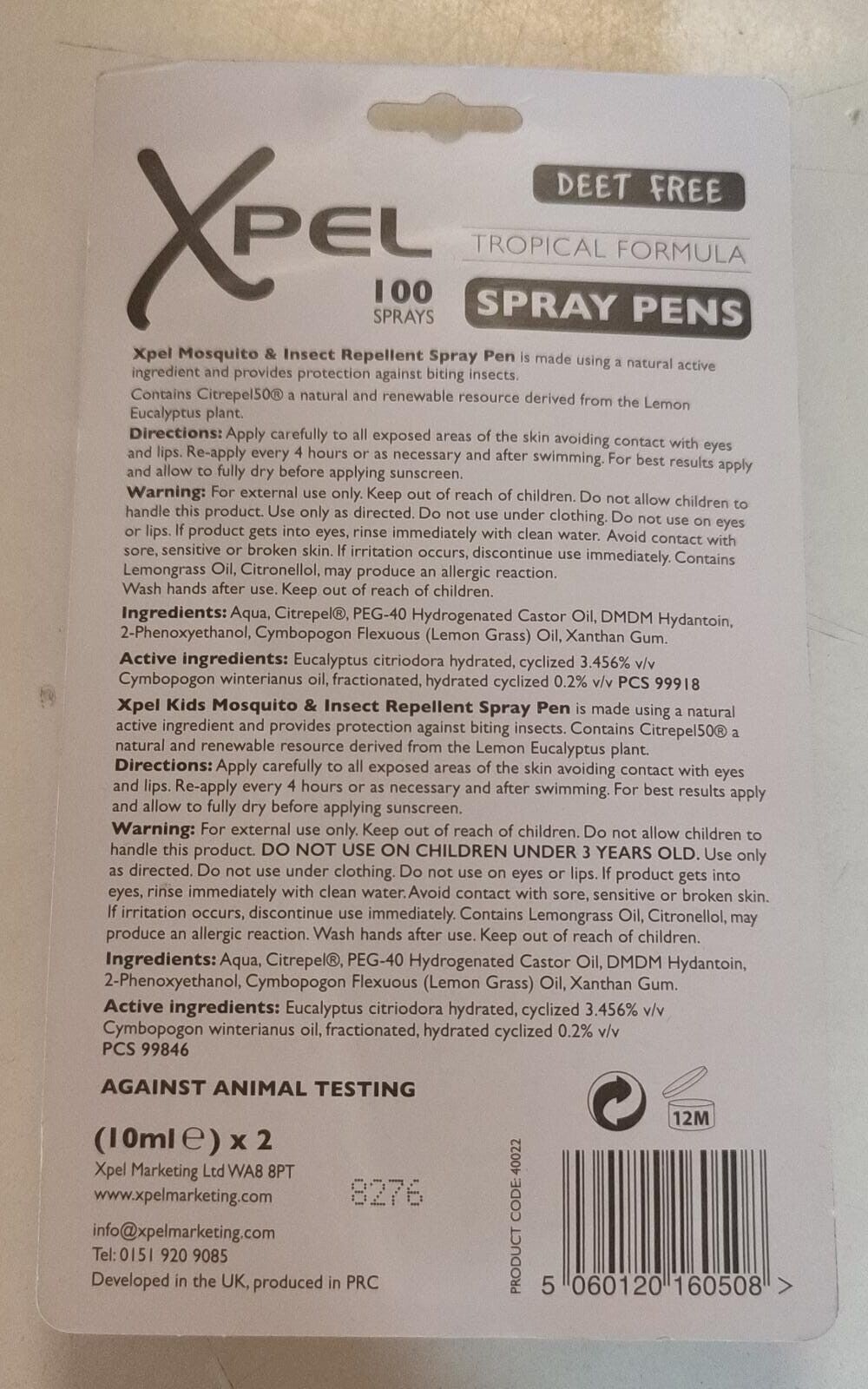 Xpel Adult & Kids Mosquito & Insect Repellent Spray Pens Deet Free - 10ml X 2