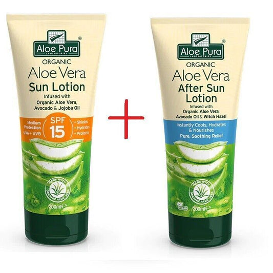 Aloe Pura Organic Aloe Vera SUN LOTION SPF 15 + AFTER SUN Lotion Combo 200ml