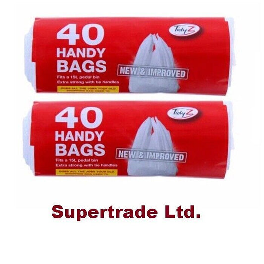 Tidyz 40 Handy Bags Shopping Extra Strong 15L Pedal Bin Liner Tie Handle X 2