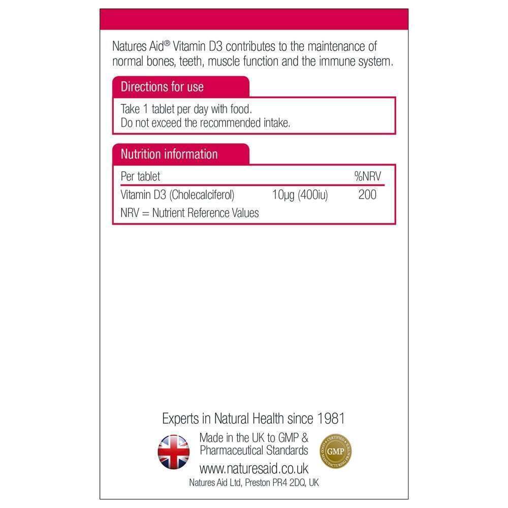 Natures Aid Vitamin D3 400iu 10µg Bone Support - 90 Tablets X 3