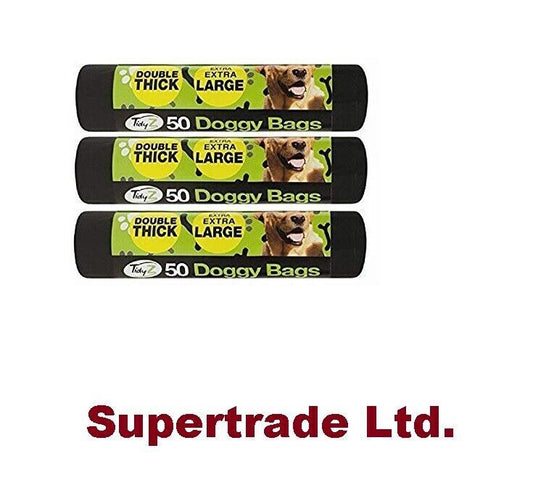 Tidyz XXX Large Strong Doggy Waste Poo Bags With Tie Handle - 50 Bags X 3