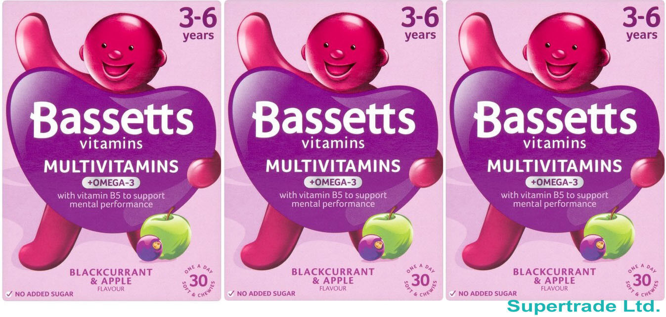 Bassetts Blackcurrant Apple Flavour Multivitamins OMEGA3 3-6 yrs - 30 Chewies X3