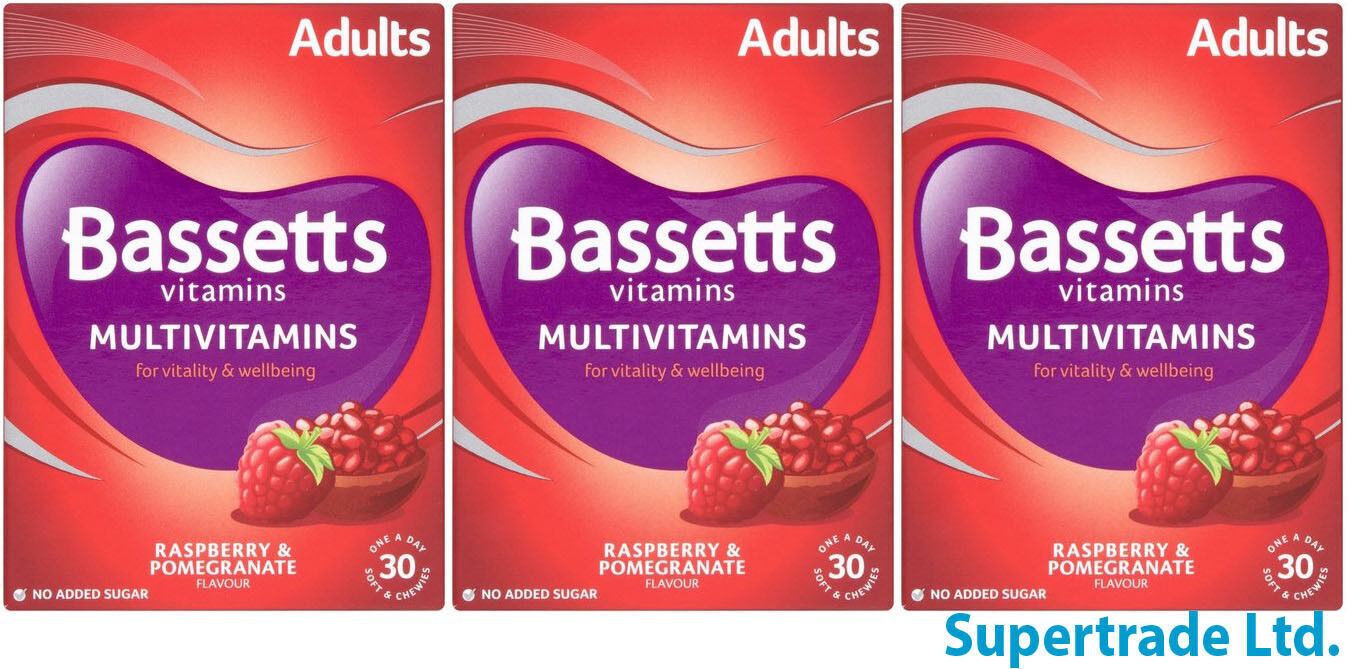 Bassetts Raspberry & Pomegranate Adults Multivitamins Vtamin - 30 Chewies X 3