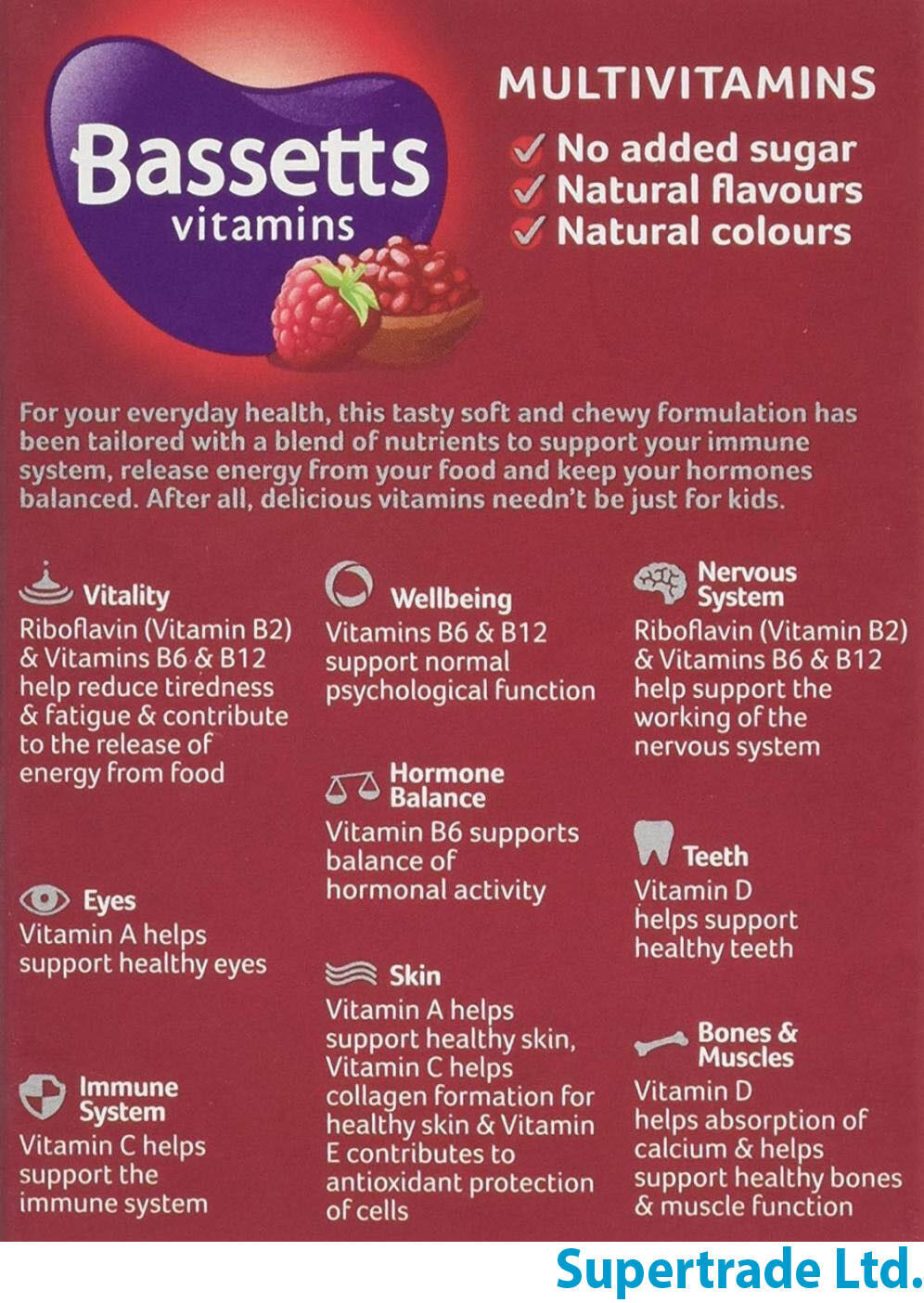 Bassetts Raspberry & Pomegranate Adults Multivitamins Vtamin - 30 Chewies X 3