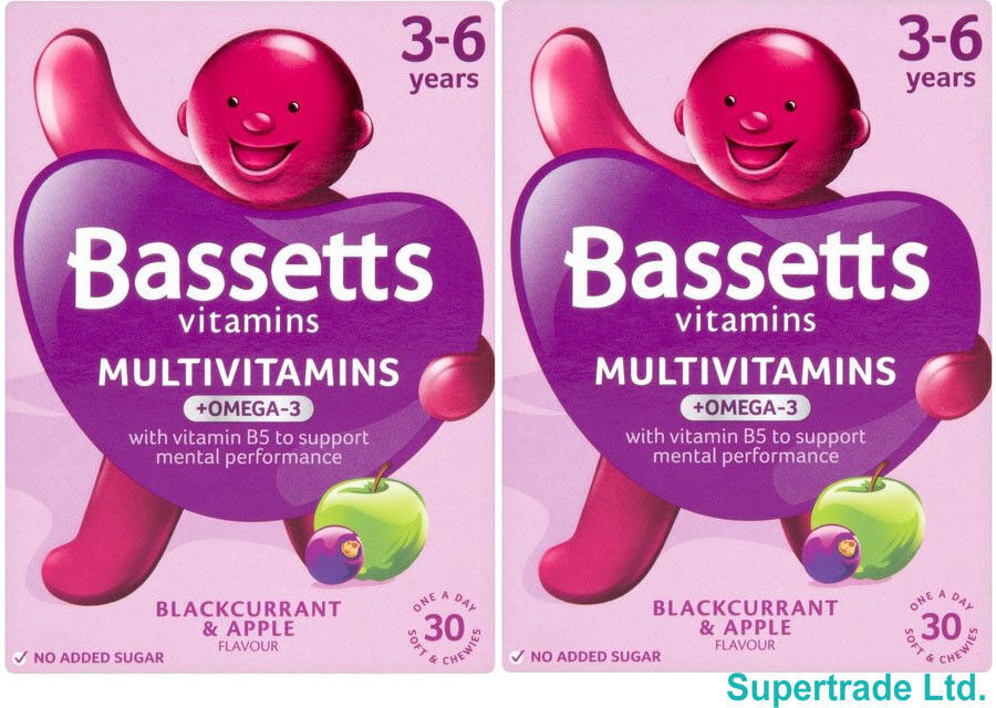 Bassetts Blackcurrant Apple Flavour Multivitamins OMEGA3 3-6 yrs - 30 Chewies X2