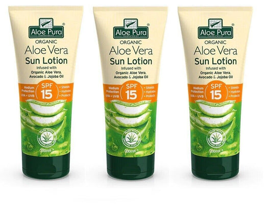 Aloe Pura Organic Aloe Vera Sun Lotion SPF15 Sun Protection Lotion 200 ml  X 3