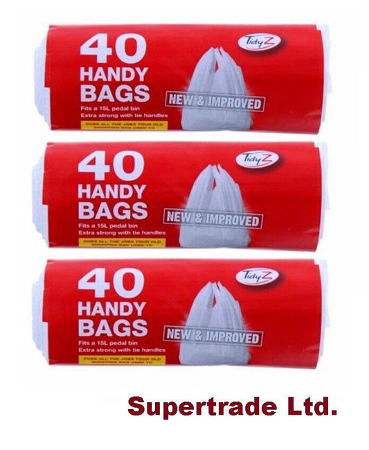 Tidyz 40 Handy Bags Shopping Extra Strong 15L Pedal Bin Liner Tie Handle X 3