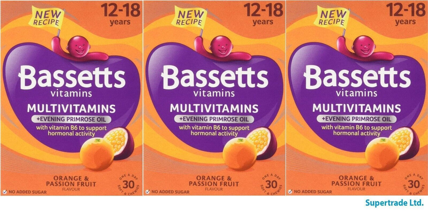 Bassetts 12-18 Multi Vitamin Plus Evening Primrose Oil 30 Orange & Passion X 3