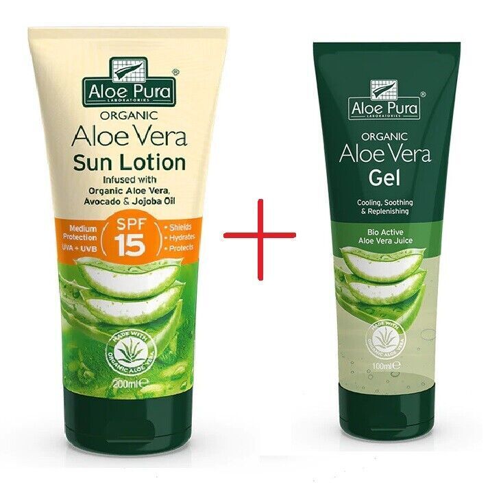 Aloe Pura Organic Aloe Vera Sun Lotion SPF 15 200ml + Aloe Vera Gel 100ml Combo