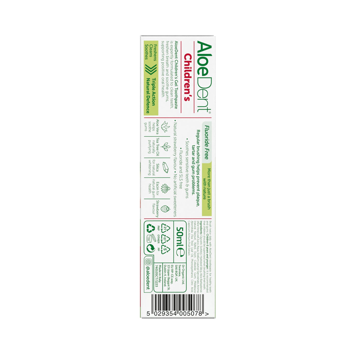 Aloe dent Aloe Vera Fluoride Free Childrens Child Strawberry Toothpaste - 50ml