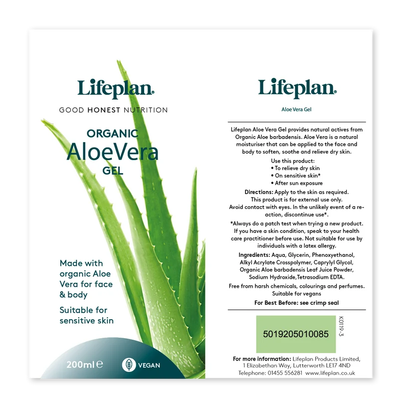 Lifeplan Organic Aloe Vera Gel Cooling Soothing Vegan Face Body - 200ml X 2
