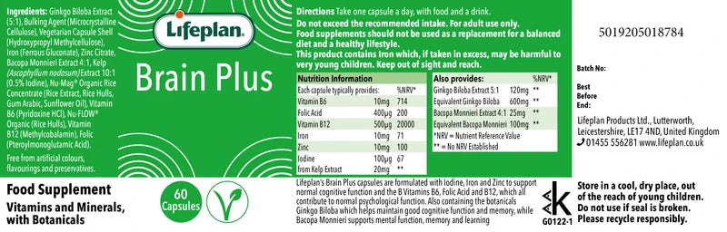 Lifeplan Brain Plus Food Supplement Vitamins & Mineral Vegan - 60 Capsules