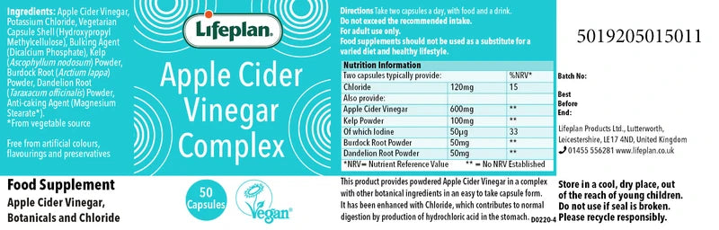 Lifeplan Apple Cider Vinegar Complex Capsules Vegan - 50 Capsules