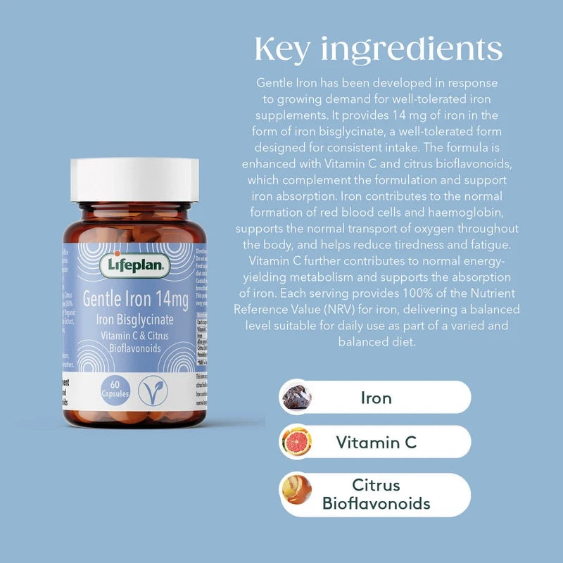 Lifeplan Gentle Iron 14 mg Iron Bisglycinate Vitamin C & Citrus Bioflavonoids Vegan - 60 Capsules