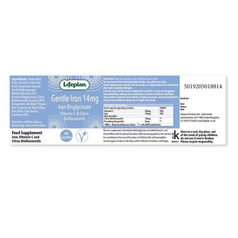 Lifeplan Gentle Iron 14 mg Iron Bisglycinate Vitamin C & Citrus Bioflavonoids Vegan - 60 Capsules