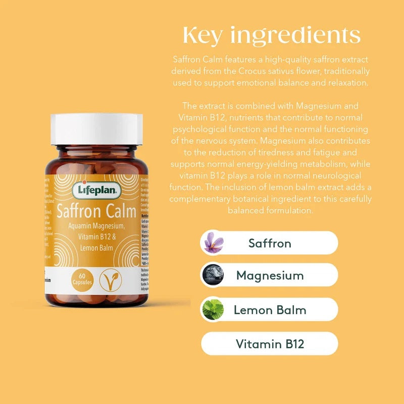 Lifeplan Saffron Calm Aquamin Magnesium Vitamin B12 Lemon Balm Vegan 60 Capsules