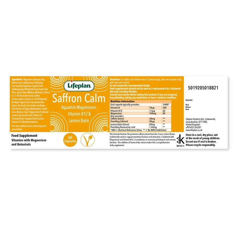 Lifeplan Saffron Calm Aquamin Magnesium Vitamin B12 Lemon Balm Vegan 60 Capsules