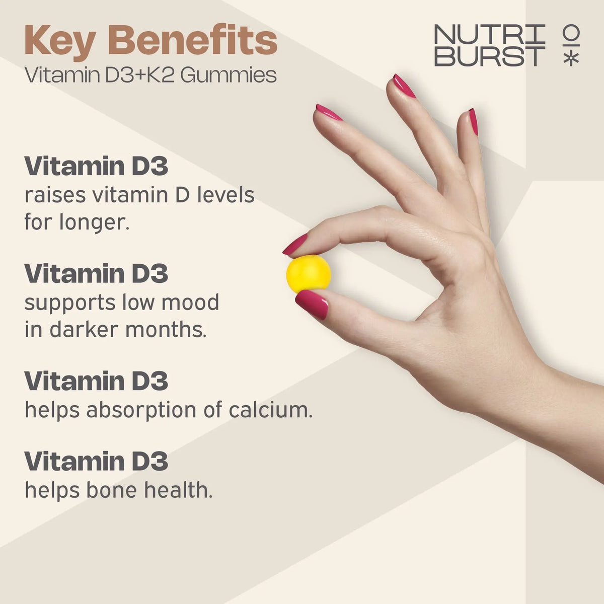 Nutriburst Vitamin D3 + K2 2000iu + 100ug Healthy Muscles Bones Lemon 60 Gummies