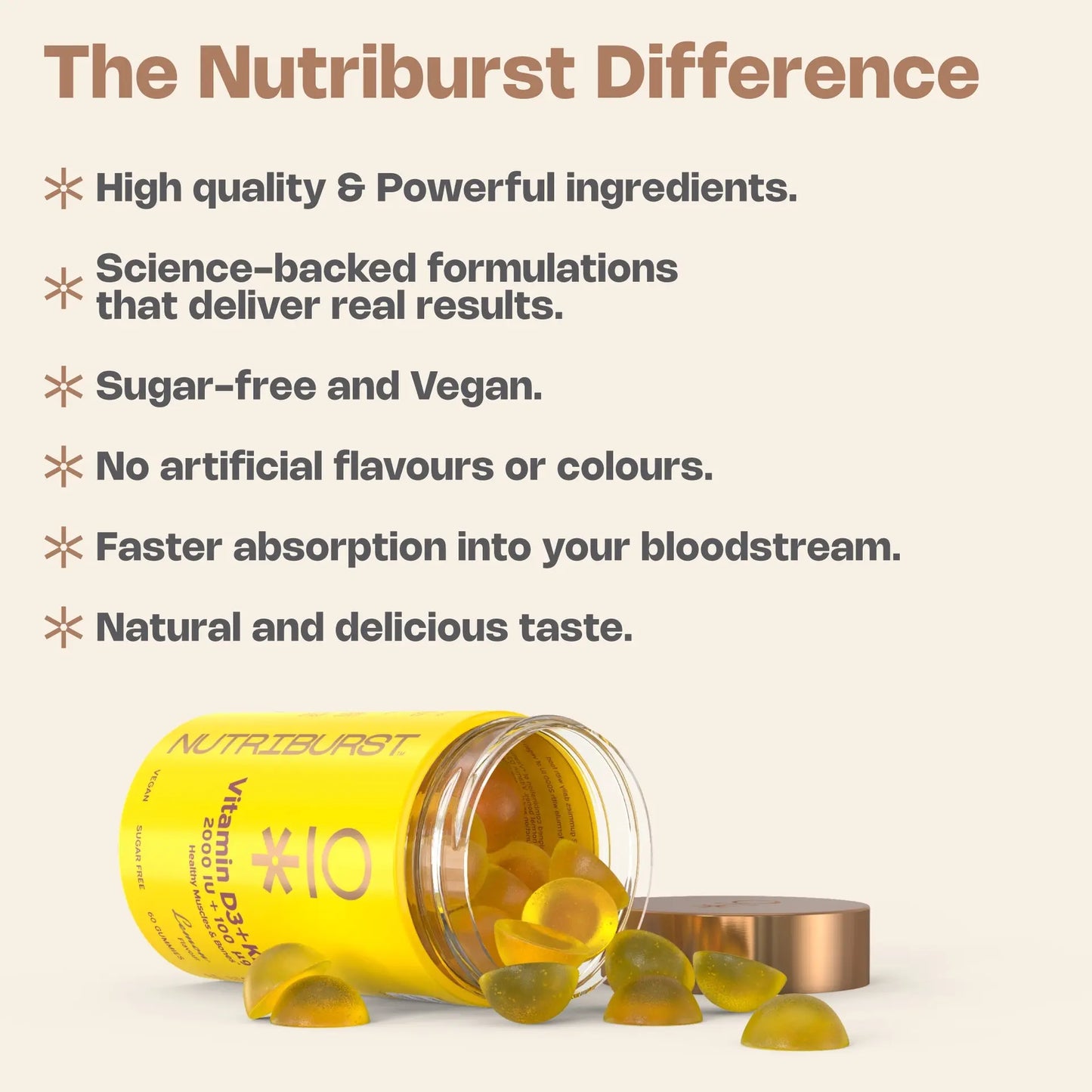 Nutriburst Vitamin D3 + K2 2000iu + 100ug Healthy Muscles Bones Lemon 60 Gummies