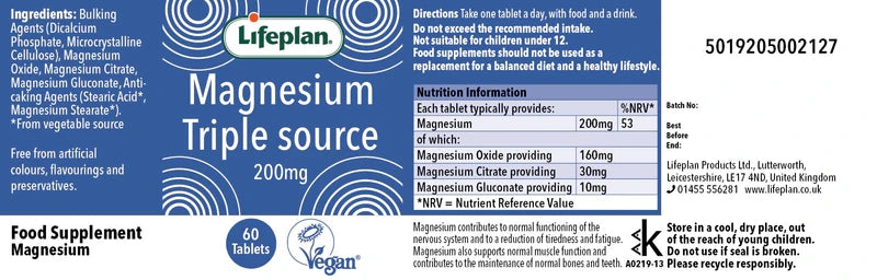 Lifeplan Magnesium Triple Source 200mg Vegan Supplement - 60 Tablets X 3
