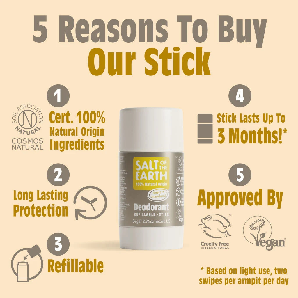 Salt Of The Earth Amber & Sandalwood Natural Deodorant Refillable Stick - 84g