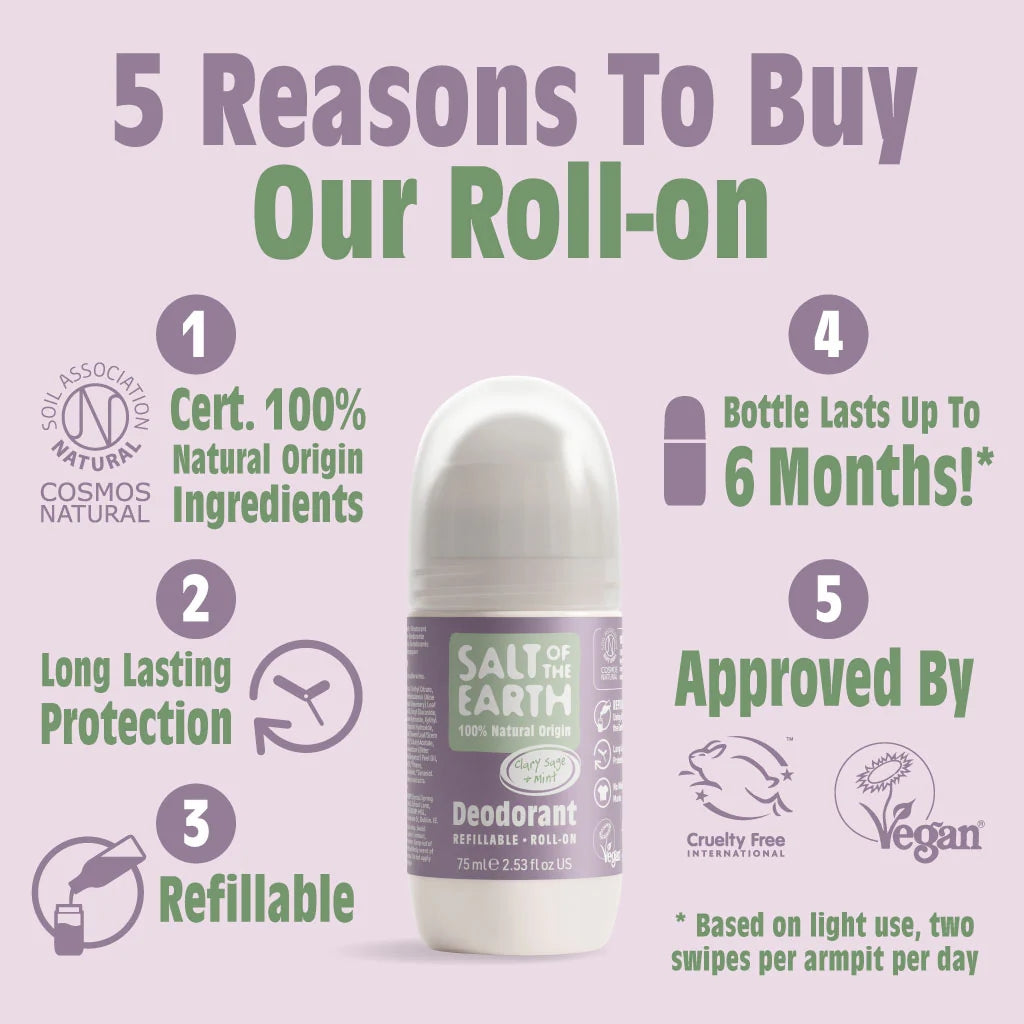 Salt Of The Earth Clary Sage & Mint Natural Refillable Roll-On Deodorant - 75ml