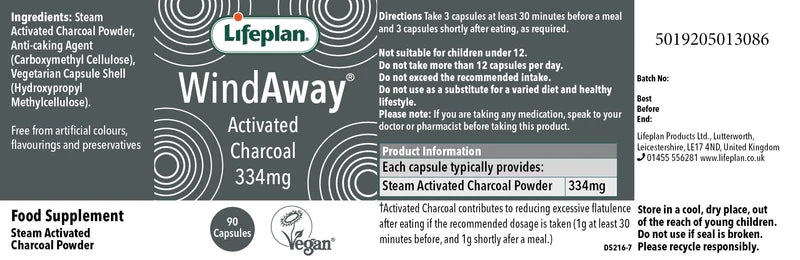 Lifeplan WindAway Rapid Release Activated Charcoal 334mg Supplement 90 Caps X 3