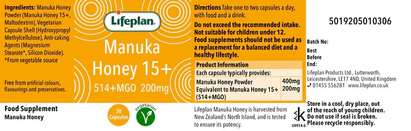 Lifeplan Active 15+ Manuka Honey 200mg Food Supplement - 30 Capsules X 2
