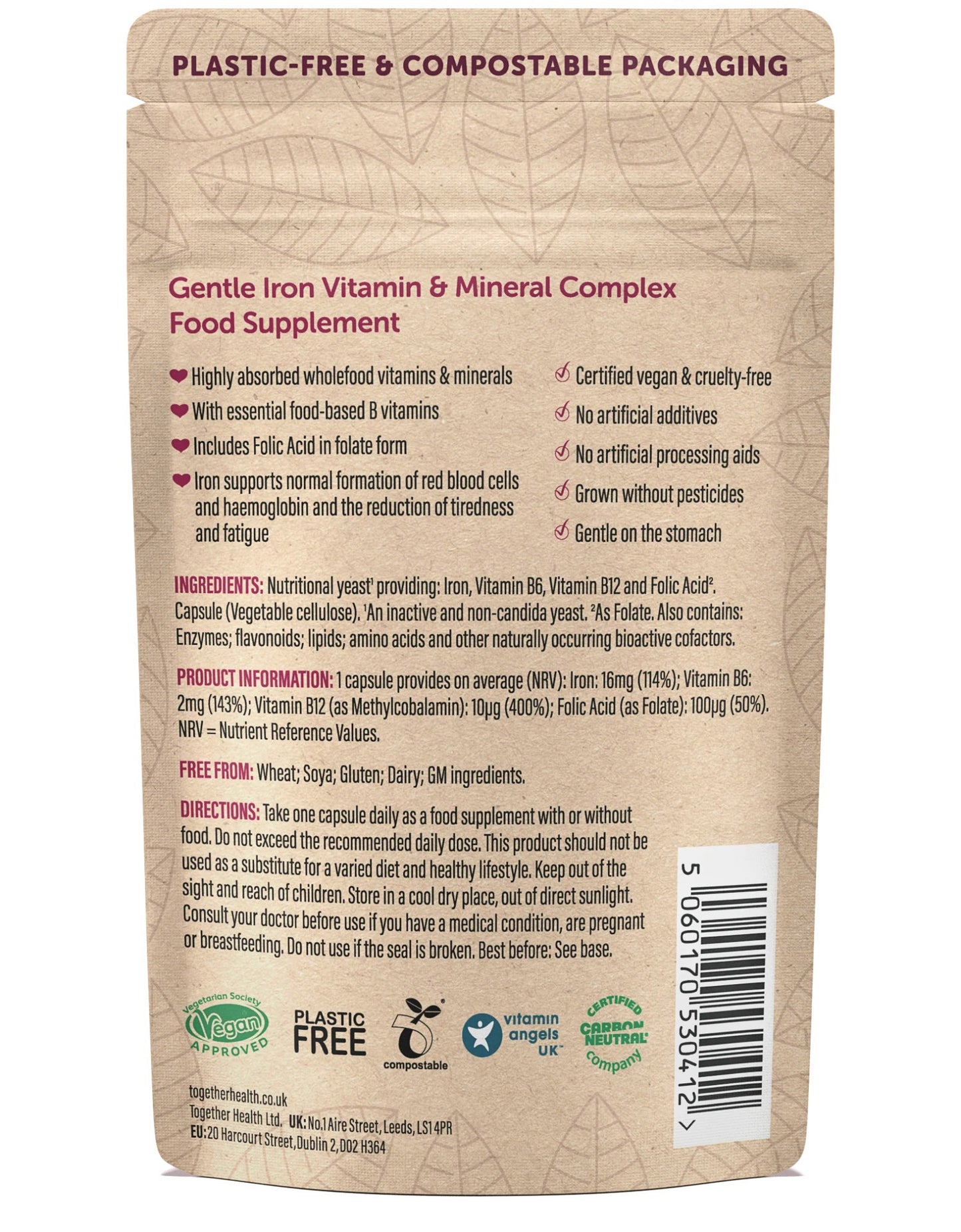 Together Health Gentle Iron Whole Food Nutrients Iron & B Vitamins Vegan 30 Caps