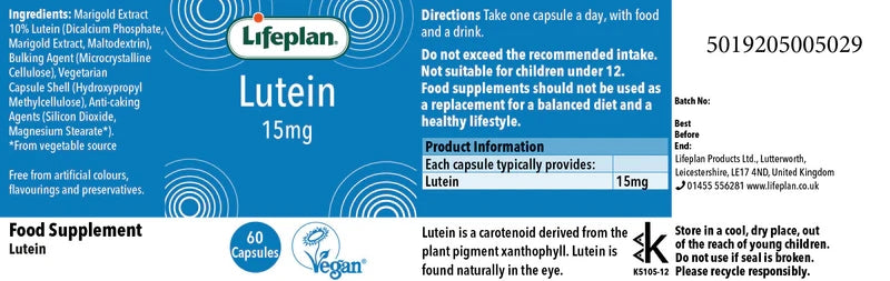 Lifeplan Lutein 15mg Supplement Vegan - 60 Capsules