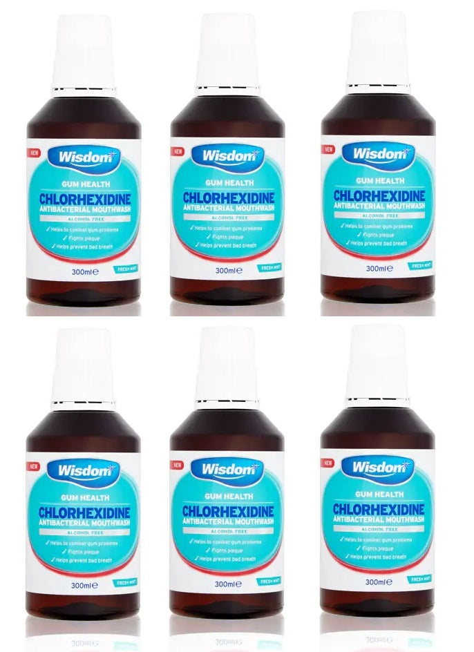Wisdom Chlorhexidine Antibacterial Mouthwash Mint Alcohol Free - 300ml X 6