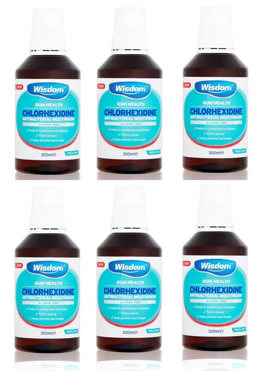 Wisdom Chlorhexidine Antibacterial Mouthwash Mint Alcohol Free - 300ml X 6