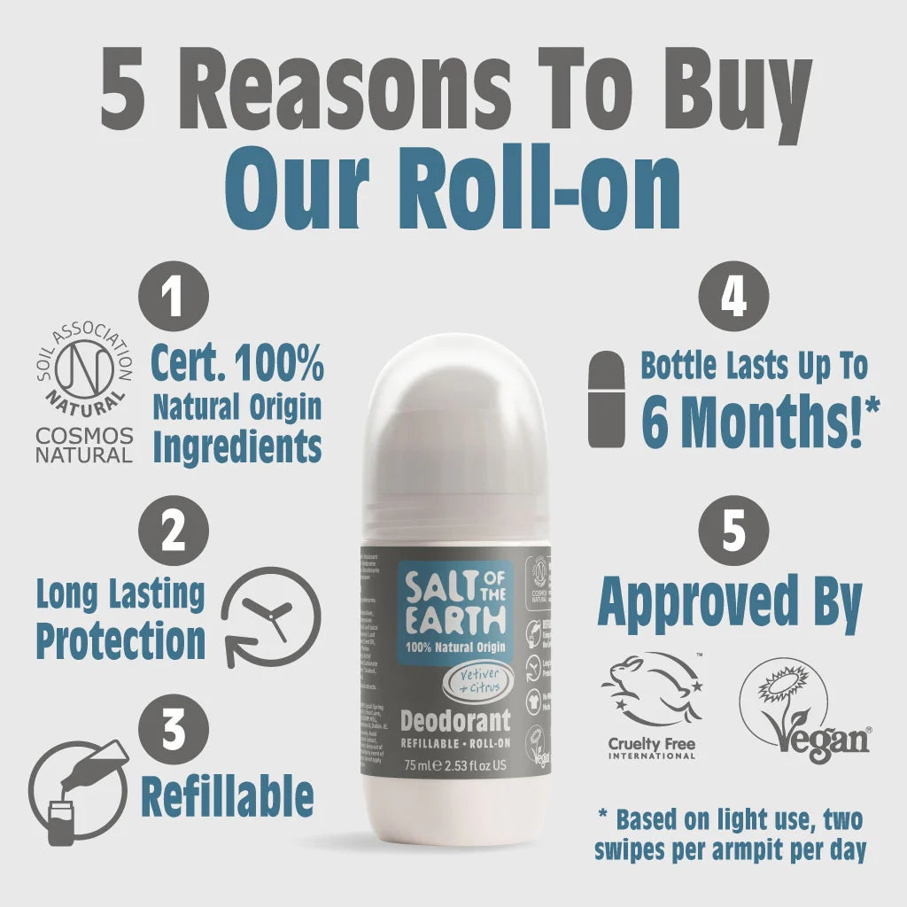 Salt Of The Earth Vetiver & Citrus Natural Refillable Roll-On Deodorant - 75ml